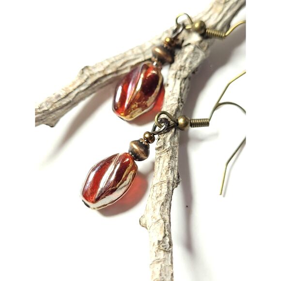 artisan earrings 202#mfs Red pressed glass swirl bead dangle earrings Red Victor - Picture 5 of 5